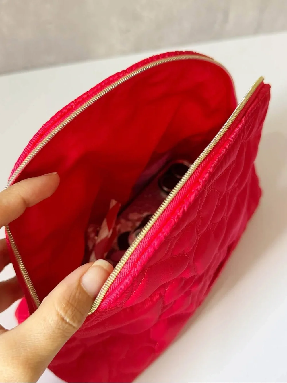 kate spade Red Quilted Heart Cosmetic Case with Gold Heart Charm